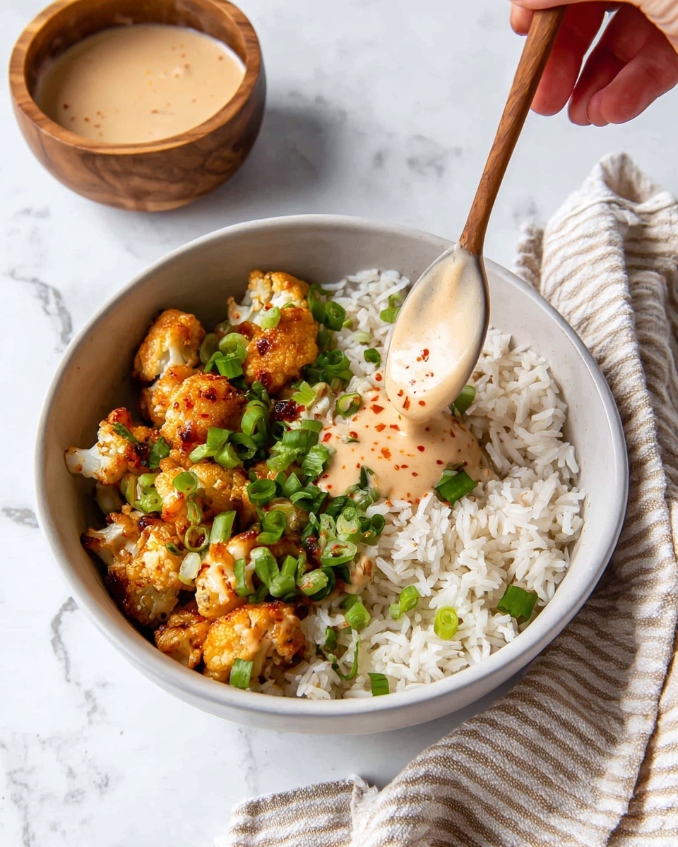 A close-up image of a light beige creamy sauce with tiny red flecks, held in a wooden spoon that is dripping sauce back into a round, white bowl with a rough texture. The bowl is placed on a white marbled surface, and a striped cloth is visible in the lower right corner. Photo taken with an iphone --ar 4:5 --v 7