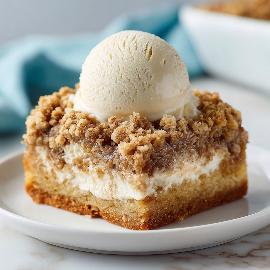 A white square dish filled with apple crumble dessert showing two clear layers: the bottom layer is soft, sticky, and golden brown baked apple filling with visible apple pieces, while the top layer is a thick crumbly, dry textured, golden brown streusel crust with uneven clumps spread across. A scoop has been taken from one corner, revealing the depth and thickness of both layers. The dish sits on a white marbled surface. photo taken with an iphone --ar 4:5 --v 7