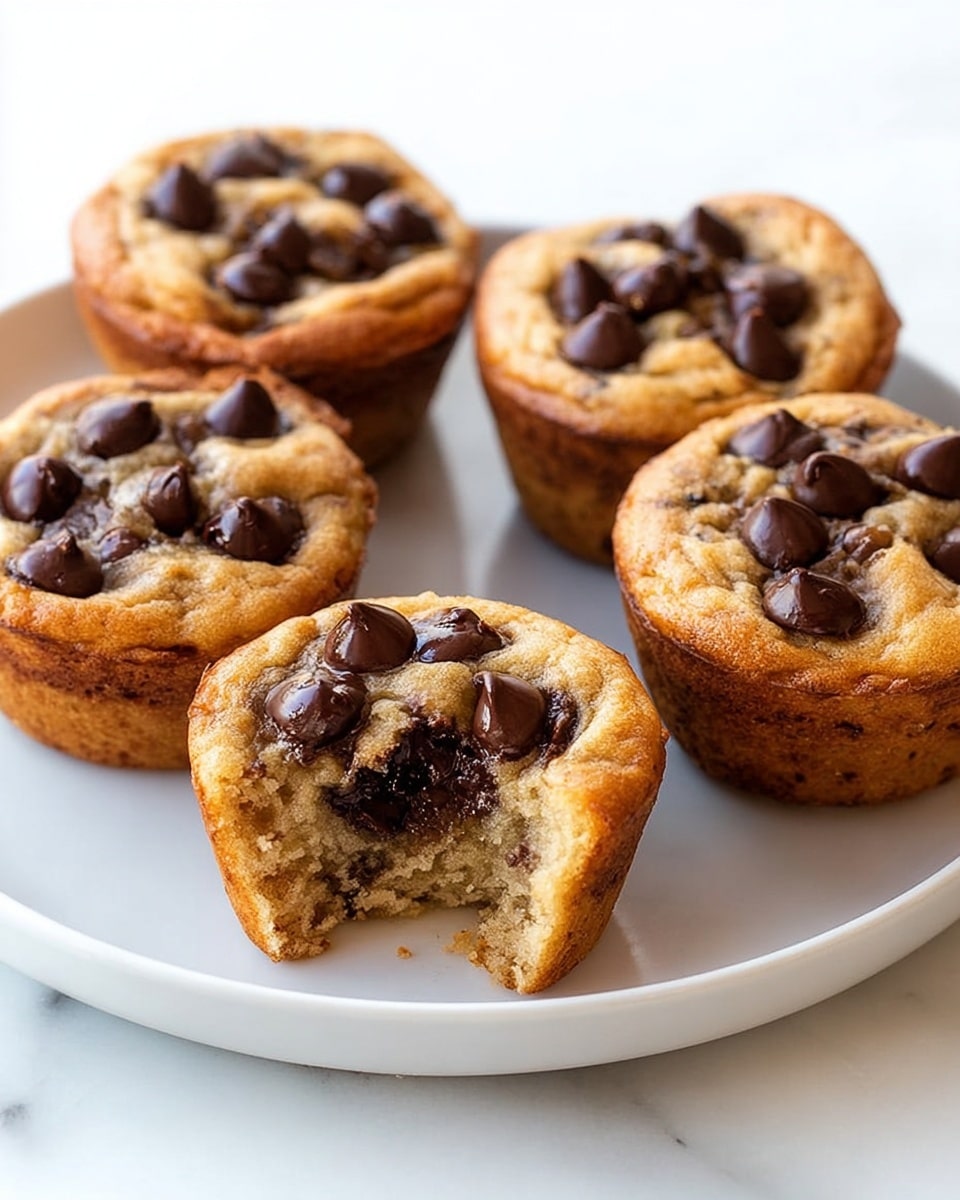 The image shows five chocolate chip muffins on a white plate placed on a white marbled surface. Each muffin has a golden-brown color with a slightly cracked top and is studded with melted, glossy dark chocolate chips, mainly concentrated on the surface but some visible inside the muffin. The front muffin has a bite taken out, revealing a soft, moist interior with melted chocolate chips inside. The muffins are arranged so that the bitten one is closest to the viewer, and the others are spread out slightly behind it. The overall look is warm and inviting, highlighting the rich texture and gooey chocolate. Photo taken with an iphone --ar 4:5 --v 7