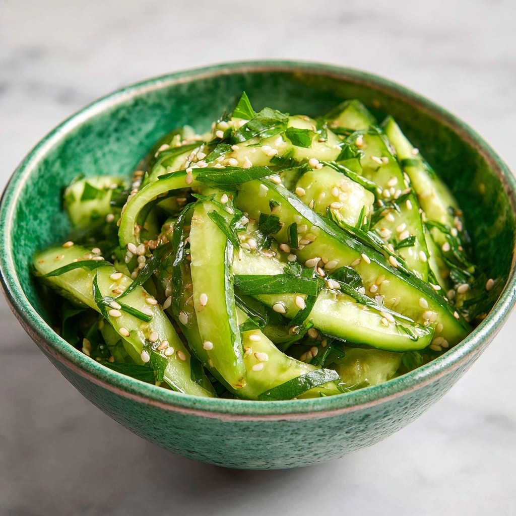 A deep white bowl holds a layered salad starting with a base of sliced green cucumber sticks arranged around the edge. Above the cucumber is a generous sprinkle of sesame seeds and small red chili slices scattered on top, mixed with fresh green herbs like cilantro in the middle. Covering a large part of the center layer is a thick, smooth brown sauce with a shiny texture and small bits visible inside. The bowl sits on a white marbled surface. Photo taken with an iphone --ar 4:5 --v 7