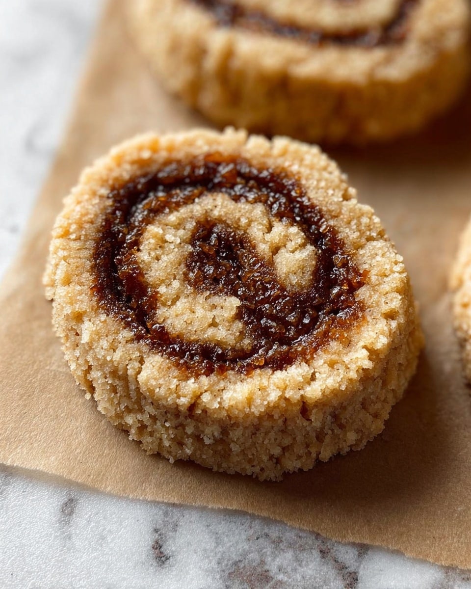 A close-up view of a textured, oval-shaped cookie with two visible layers: a light tan, crumbly outer dough forming the base and edges, and a darker brown, sticky, and slightly shiny filling spiraled inside the dough. The cookie is placed on a piece of parchment paper set on a white marbled surface. The surface texture of the cookie shows a coarse, grainy appearance, highlighting its crumbly nature. Part of another similar cookie is visible in the background, blurred slightly to emphasize the main cookie in front. Photo taken with an iphone --ar 4:5 --v 7