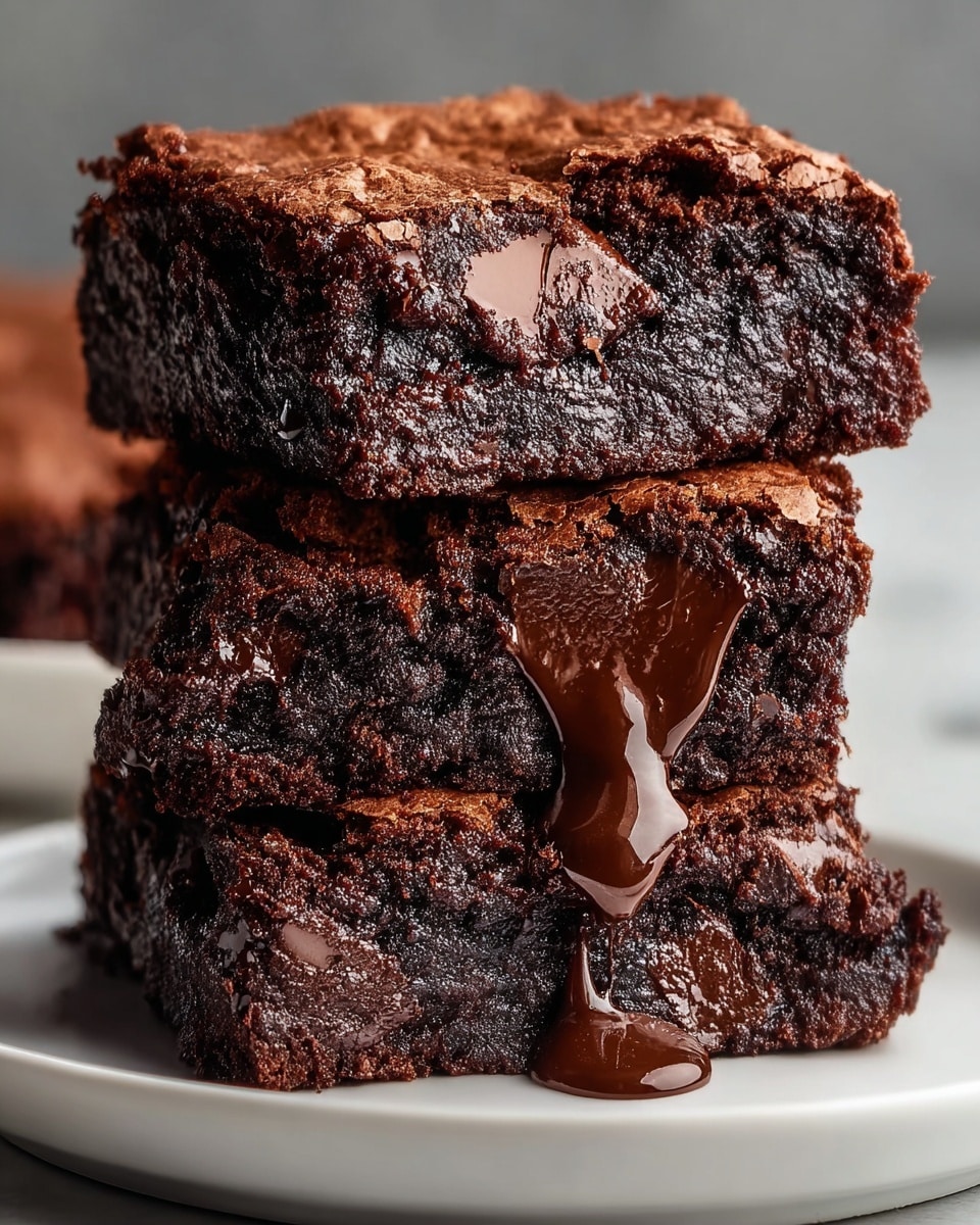 A close-up view of three thick, square chocolate brownies stacked on a white plate, each with a cracked, shiny top layer and soft, moist dark brown interior visible. The top brownie shows melty, glossy chocolate chunks oozing slightly, while the middle brownie also reveals gooey chocolate sections. The bottom brownie supports the stack with a rich, textured edge and a glossy chocolate drop resting on the plate beside it. The plate sits on a white marbled surface, creating a clean background. photo taken with an iphone --ar 4:5 --v 7