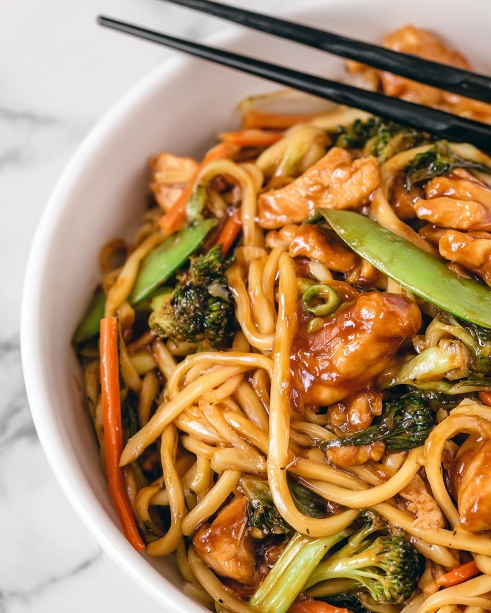 A close-up of a white bowl filled with stir-fried noodles mixed with glossy orange-brown sauce-covered chicken pieces, bright green snap peas, small broccoli florets, and thin orange carrot strips. The noodles are light yellow and looped around the vegetables and chicken, showing a texture that is slightly shiny from the sauce. A pair of black chopsticks rests on the right edge of the bowl, touching the food. The background is a white marbled texture. photo taken with an iphone --ar 4:5 --v 7