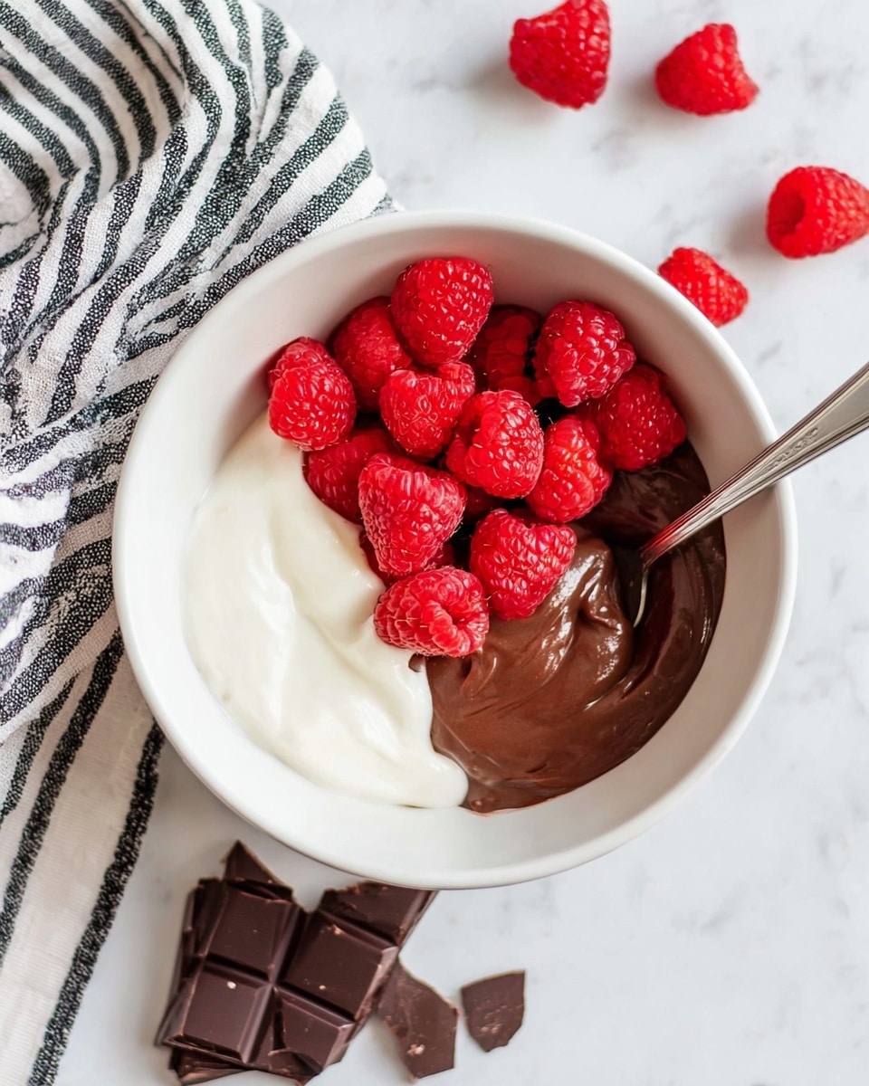 The image shows a white bowl filled with three distinct layers: fresh bright red raspberries piled on one side, smooth white yogurt on the left, and thick dark brown chocolate pudding on the bottom right. A silver spoon rests inside the bowl on the right edge. Around the bowl, scattered raspberries and chunks of dark chocolate sit on a white marbled surface. To the left of the bowl, part of a white cloth with black stripes is visible. The overall look is clean and fresh with vibrant color contrasts. photo taken with an iphone --ar 4:5 --v 7