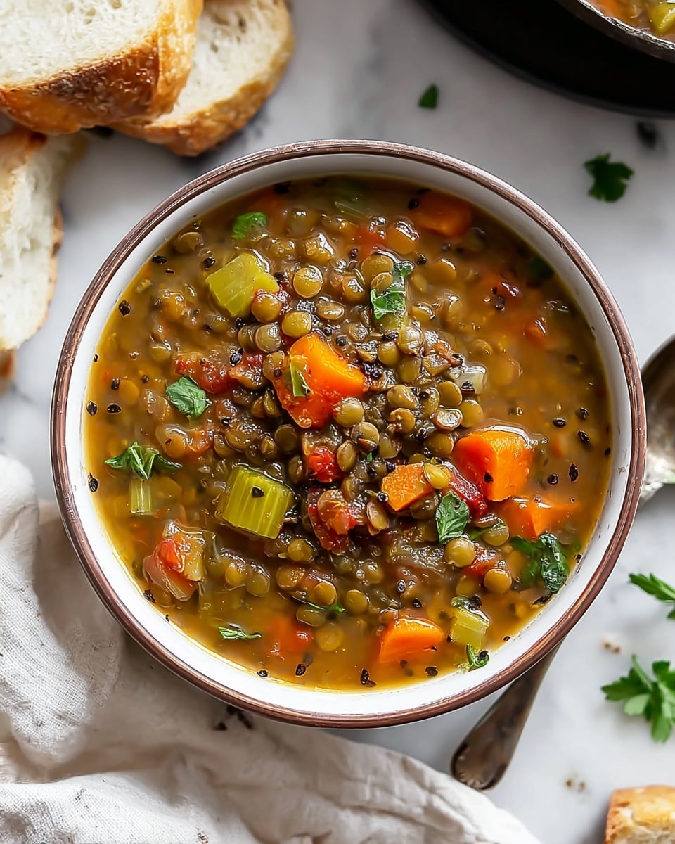 The image shows a bowl filled with lentil soup containing layers of various ingredients including green lentils, bright orange carrot pieces, light green celery chunks, and small bits of fresh green herbs floating on top, all visible in a warm, slightly thick broth with black pepper specks. The soup sits in a round white bowl with a brown rim placed on a white marbled surface. Next to the bowl, there is a metal spoon and some fresh green parsley leaves scattered around, with a piece of bread partially visible in the background. A soft-textured cream cloth is draped beside the bowl adding a cozy feel. Photo taken with an iphone --ar 4:5 --v 7