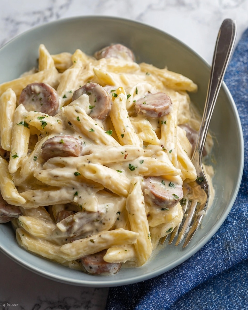 A close-up of creamy pasta served in a white bowl, showing layers of pale yellow penne pasta coated in a thick white sauce. Mixed in are slices of brown sausage with a smooth texture, scattered evenly among the pasta. Small green herb pieces are sprinkled on top, adding color contrast to the light sauce and pasta. A silver fork is placed inside the bowl, partially buried in the pasta, resting at the bottom right side. The background is a white marbled surface with a blue and white cloth partly visible on the right side. photo taken with an iphone --ar 4:5 --v 7