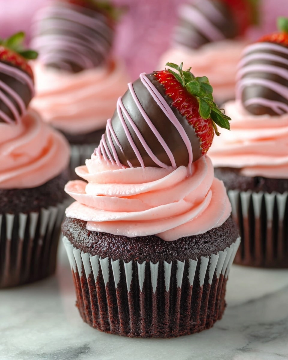 A close-up of several chocolate cupcakes each topped with a swirl of light pink frosting that looks smooth and creamy; the cupcakes have dark brown bases wrapped in black paper liners. On top of the frosting sits a fresh strawberry half dipped in dark chocolate, decorated with thin, light pink icing stripes that match the frosting. The cupcakes are arranged on a white cake stand with a slightly worn texture. In the background, a blurred white marbled surface is visible. photo taken with an iphone --ar 4:5 --v 7