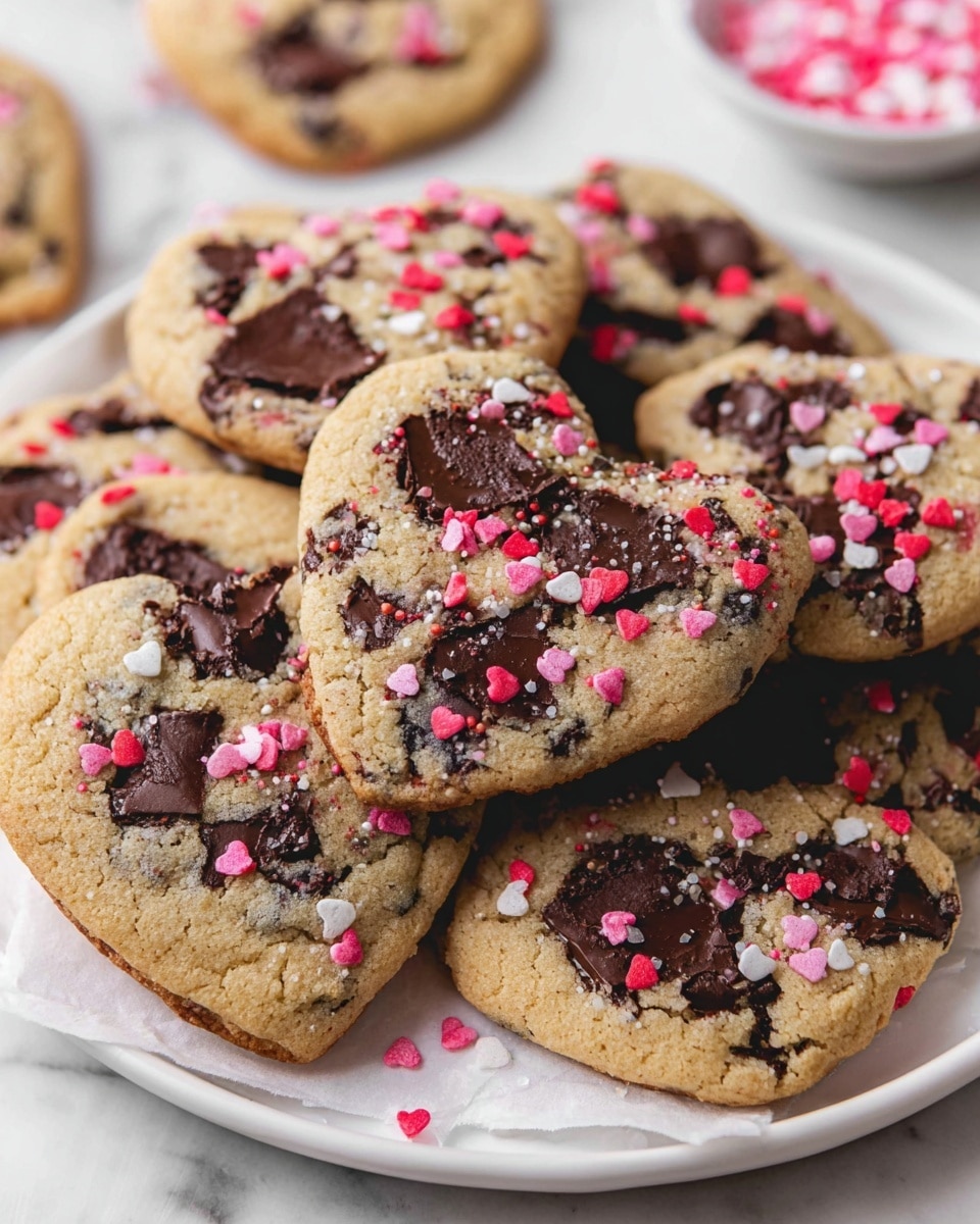 A close-up of heart-shaped cookies stacked on a white plate with white parchment paper underneath, each cookie light golden brown with melted dark chocolate chunks visible on the top surface, sprinkled with small pink, red, and white heart-shaped and round sprinkles evenly spread over the cookies, showing a soft and slightly chewy texture. The plate sits on a white marbled texture. photo taken with an iphone --ar 4:5 --v 7