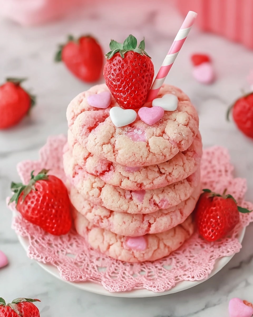A stack of soft pink cookies sits on a white plate with a pink lace doily, arranged in two layers. The top cookie is decorated with small heart-shaped pink candies, a white candy, and a fresh strawberry on one side, while a striped pink-and-white straw sticks up from the stack. The cookies have a crackled texture with light pink color and a slightly golden edge. Fresh strawberries are scattered around the plate on a white marbled surface, with a pink flower decoration blurred in the background. Photo taken with an iphone --ar 4:5 --v 7