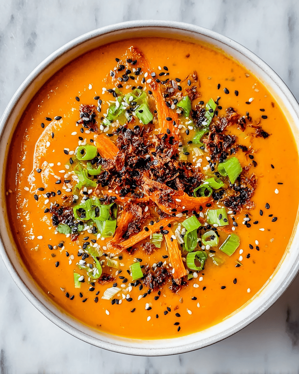 A bowl filled with a thick, smooth orange soup as the base layer, topped with thin strips of bright orange vegetables, likely carrots, scattered in the center. On top of that are dark brown, almost black crispy bits arranged loosely, with slices of fresh green spring onions peeking out through the layers. The dish is sprinkled with small white and black sesame seeds over everything, adding specks of contrast against the bright orange soup and toppings. The bowl is white with a thin, dark rim and sits on a white marbled texture. photo taken with an iphone --ar 4:5 --v 7