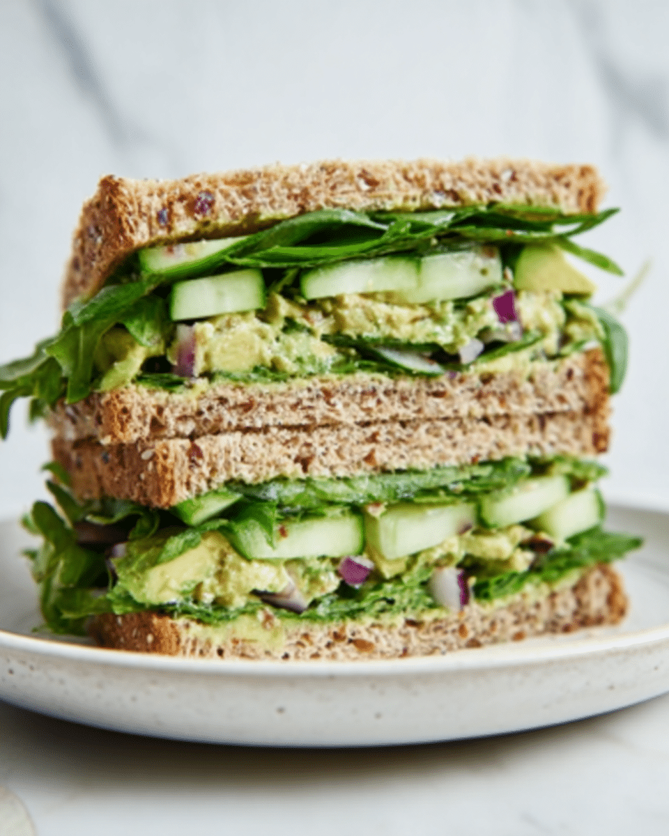 A close-up view of a sandwich cut into two triangular halves stacked on a white speckled plate, placed on a white marbled surface. The sandwich has three layers of light brown whole wheat bread. Between the bottom and middle bread slices, there is a layer of fresh green spinach leaves topped with a creamy mix containing shredded cabbage, chopped green vegetables, small pieces of purple onion, and a spread of mashed chickpeas with a light green tint. The same creamy vegetable mix and spinach layer repeat between the middle and top slice of bread. A fresh spinach leaf garnishes the plate. Photo taken with an iphone --ar 4:5 --v 7
