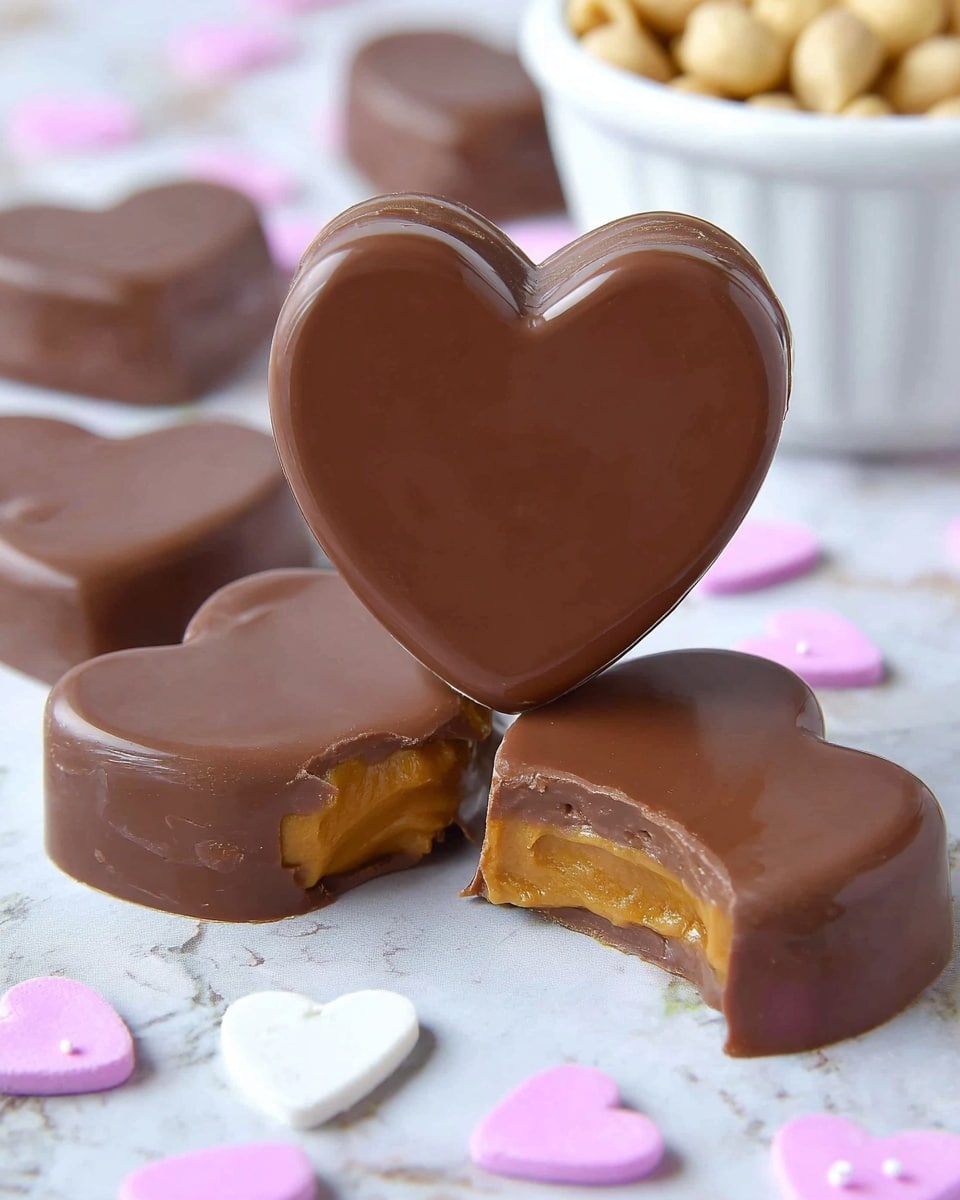 The image shows several heart-shaped chocolates arranged closely on a white marbled surface. Each chocolate has a smooth, shiny milk chocolate outer layer with a light brown, crumbly filling inside, visible from one piece that is cut open. The chocolates have a glossy texture with slight imperfections and small dents on the tops, creating a natural handmade look. The piece with a bite taken gives a clear view of the thick filling contrasting with the darker chocolate shell. Photo taken with an iphone --ar 4:5 --v 7