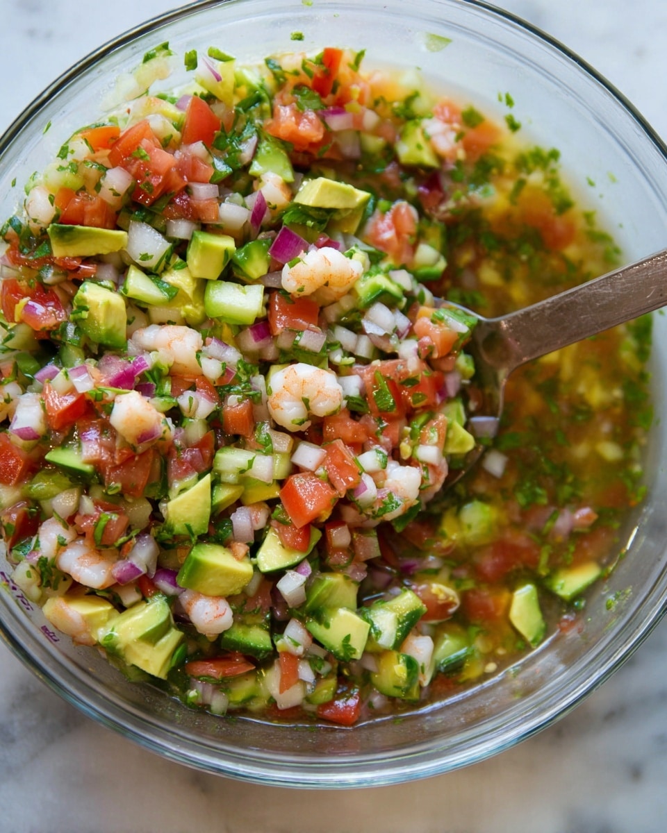 A clear glass bowl is filled with a colorful mix of finely chopped ingredients including red tomatoes, green cucumbers, creamy avocado chunks, small white shrimp, red onion pieces, and fresh green cilantro leaves, all sitting in a light liquid broth that pools at the bottom right of the bowl. The shrimp and vegetables are mixed evenly, showing a variety of bright colors and fresh textures with the avocado pieces adding a creamy contrast. A spoon rests inside the bowl on the right side, partly buried in the mixture. The bowl sits on a white marbled surface. Photo taken with an iphone --ar 4:5 --v 7