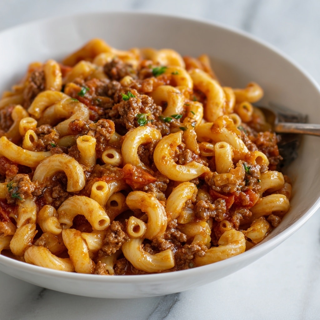 A white bowl is filled with a rich pasta dish made of short curved macaroni covered in a thick, chunky tomato sauce mixed with small pieces of browned ground meat and bits of tomato. The pasta is well coated with the reddish-brown sauce, which looks moist and hearty. Small green herbs are mixed in, adding a touch of color contrast. Two uncooked macaroni pieces lie on a white marbled surface underneath the bowl, and a spoon is partially visible inside the bowl. The photo captures the close-up details of the textures and colors. photo taken with an iphone --ar 4:5 --v 7