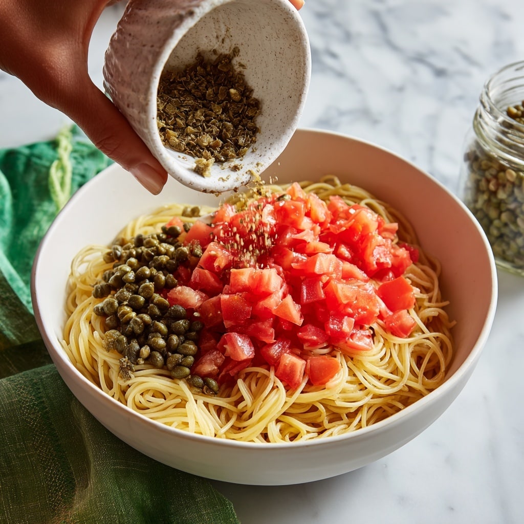 A white bowl holds thin cooked spaghetti noodles forming the base layer, with small green capers placed on one side of the noodles, providing a textured, bumpy dark green layer. On top of the noodles and capers, diced bright red tomatoes are being poured from a small textured white bowl by a woman's hand, adding a fresh, juicy layer. The background features a white marbled surface, with a green cloth napkin and a partially visible glass jar of capers nearby. The photo is taken with an iphone --ar 4:5 --v 7