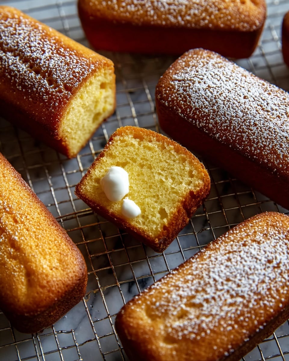 The image shows several rectangular golden brown cakes with a light dusting of powdered sugar on top. One cake in the center is cut in half, revealing a soft, spongy yellow inside with a small dollop of white cream in each piece. The cakes rest on a wire cooling rack placed on a white marbled surface. The texture of the cakes looks moist and slightly porous, with rounded edges and a smooth top. photo taken with an iphone --ar 4:5 --v 7