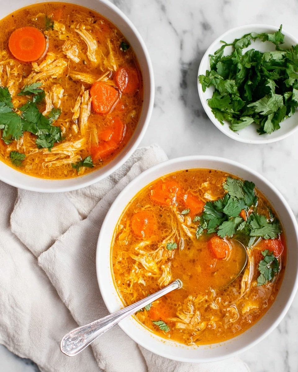 A white bowl filled with thick, orange-red soup with visible pieces of shredded chicken and round, bright orange carrot slices. The soup has a textured, slightly chunky consistency with small bits of ingredients blended in. Fresh green cilantro leaves are placed on one side of the bowl, adding a pop of color. A silver spoon with a simple decorative pattern is partially submerged in the soup. The bowl sits on a white marbled surface with a grey and white striped cloth nearby. Photo taken with an iphone --ar 4:5 --v 7