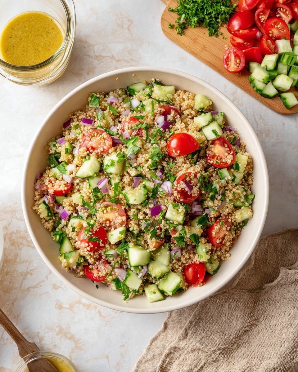 A white bowl filled with a quinoa salad, showing three main layers: the base layer is light brown fluffy quinoa, mixed with bright green cucumber chunks and deep red cherry tomato halves scattered evenly. Small pieces of purple onion and chopped fresh green herbs are spread throughout the salad, adding spots of color and texture. The bowl sits on a white marbled surface, next to a glass container with a yellow mustard-like dressing and a wooden cutting board holding extra chopped cucumbers, tomatoes, onions, and green herbs. A textured beige cloth is partially visible near the bowl's edge. Photo taken with an iphone --ar 4:5 --v 7