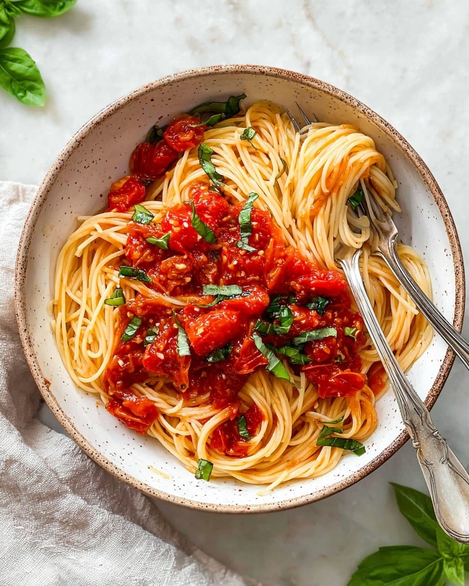 A white bowl filled with thin spaghetti noodles at the bottom, pale yellow in color, topped with bright red chunky tomato sauce mixed evenly among the noodles, some pieces of tomato looking soft and juicy. Fresh green basil leaves are scattered on top and within the sauce, adding a fresh, leafy touch. A silver fork is placed inside the bowl on the left side, partially covered by the spaghetti. The bowl sits on a white marbled surface. photo taken with an iphone --ar 4:5 --v 7