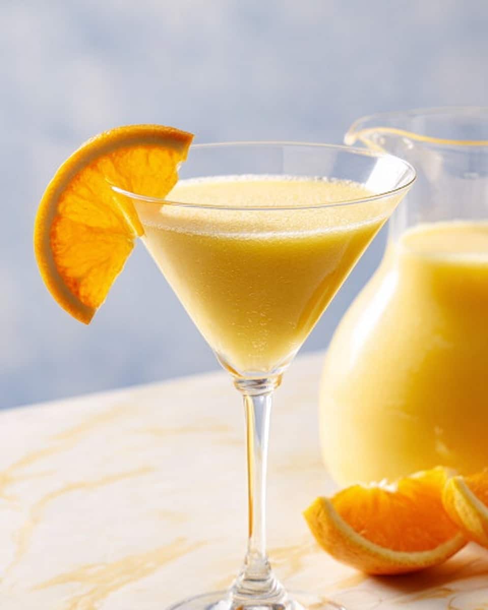 A clear, tall martini glass filled with a smooth, creamy yellow drink topped with a frothy layer. The drink has a thick texture and is garnished with a bright orange slice hanging on the rim. In the background, there is a clear jug filled with the same yellow drink. The surface beneath the glass and jug is white with a marbled texture. photo taken with an iphone --ar 4:5 --v 7