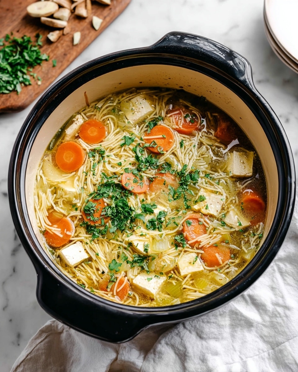 A bowl of soup sits on a white marbled surface, filled with clear broth containing several layers of ingredients. The bottom layer shows thin white noodle strands filling the base of the soup. Above that, there are large cubes of pale tofu evenly scattered throughout, mixed with bright orange carrot slices and translucent pieces of celery. The soup is garnished with chopped green herbs sprinkled on top. A silver spoon rests inside the bowl, with its handle extending out onto a white cloth napkin. Next to the soup bowl, a small bowl with a white interior holds a creamy white sauce sprinkled with green herbs. Photo taken with an iphone --ar 4:5 --v 7
