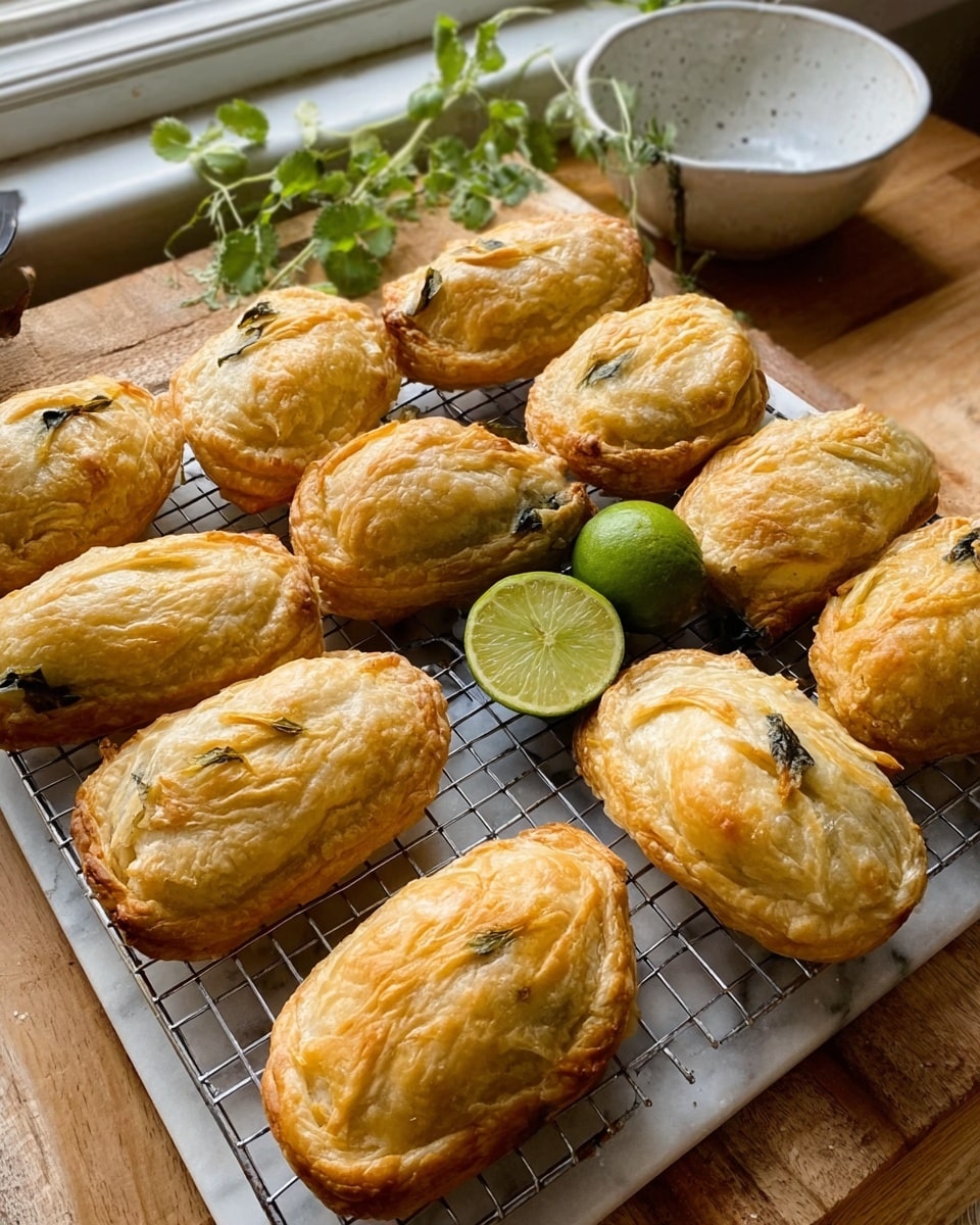 The image shows a row of eleven golden-brown fried pastries resting on a wire rack, with one pastry partially covering a slice of lime on the bottom right. The pastries have a slightly rough, crispy texture with some darker spots where they are well fried. Fresh green cilantro leaves lie between the pastries near the lime. Behind the wire rack is a large wooden cutting board and a white bowl with a light beige inside placed on a white marbled surface by a window. The soft light highlights the warm color of the pastries, making them look fresh and crispy. Photo taken with an iphone --ar 4:5 --v 7