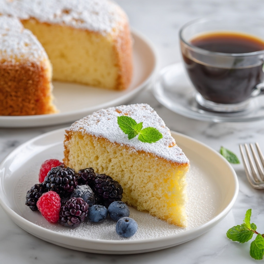 A slice of light yellow sponge cake with a soft, airy texture sits on a white plate, topped with a thin dusting of powdered sugar and a small fresh green mint leaf. Around the base of the cake are several mixed berries, including blackberries, blueberries, and raspberries, adding dark purple, blue, and red colors. In the blurred background, the rest of the round cake with a similar powdered sugar topping and berries is visible on another white plate. Both plates are placed on a white marbled surface with a blurred glass of dark liquid behind the slice. A silver fork rests near the cake slice. Photo taken with an iphone --ar 4:5 --v 7