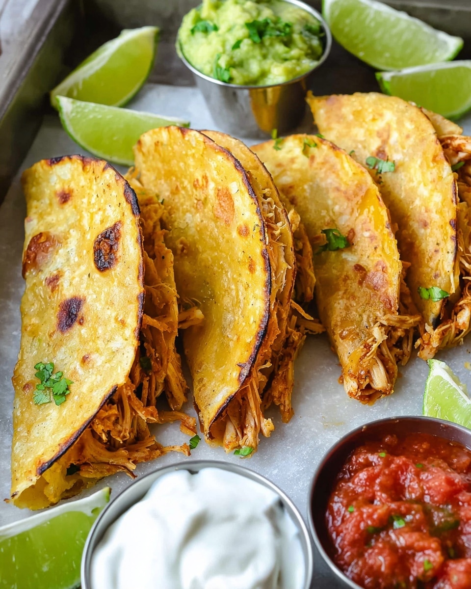 A close-up view of a crispy golden fried taco being held by a woman's hand with a white French manicure, partially dipped into a small metal cup filled with chunky green guacamole, sitting next to another metal cup with red salsa on a white round plate lined with parchment paper. Another taco, showing golden brown crispy edges with some charring, rests on the plate behind the sauces. The plate is placed on a white marbled surface with limes, cherry tomatoes, a bottle, and some green leaves blurred in the background. Photo taken with an iphone --ar 4:5 --v 7