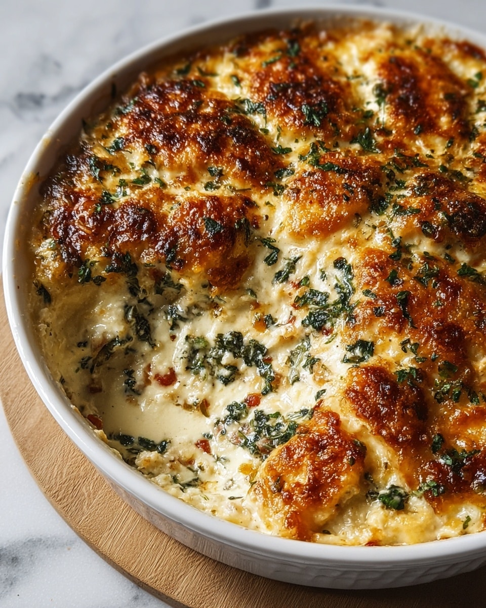 A round white ceramic dish holds a rich baked creamy casserole with multiple browned, bubbly and slightly crisp golden cheese layers on top. The casserole is speckled with chopped green herbs scattered evenly throughout the creamy white sauce beneath the browned cheese. Small pieces of orange or reddish ingredients peek through the sauce, adding contrast. The browned textures vary from smooth melted areas to bubbly, slightly charred patches, giving a rustic, hearty look. The dish sits on a wooden board over a white marbled surface, enhancing the warm colors of the casserole. Photo taken with an iphone --ar 4:5 --v 7