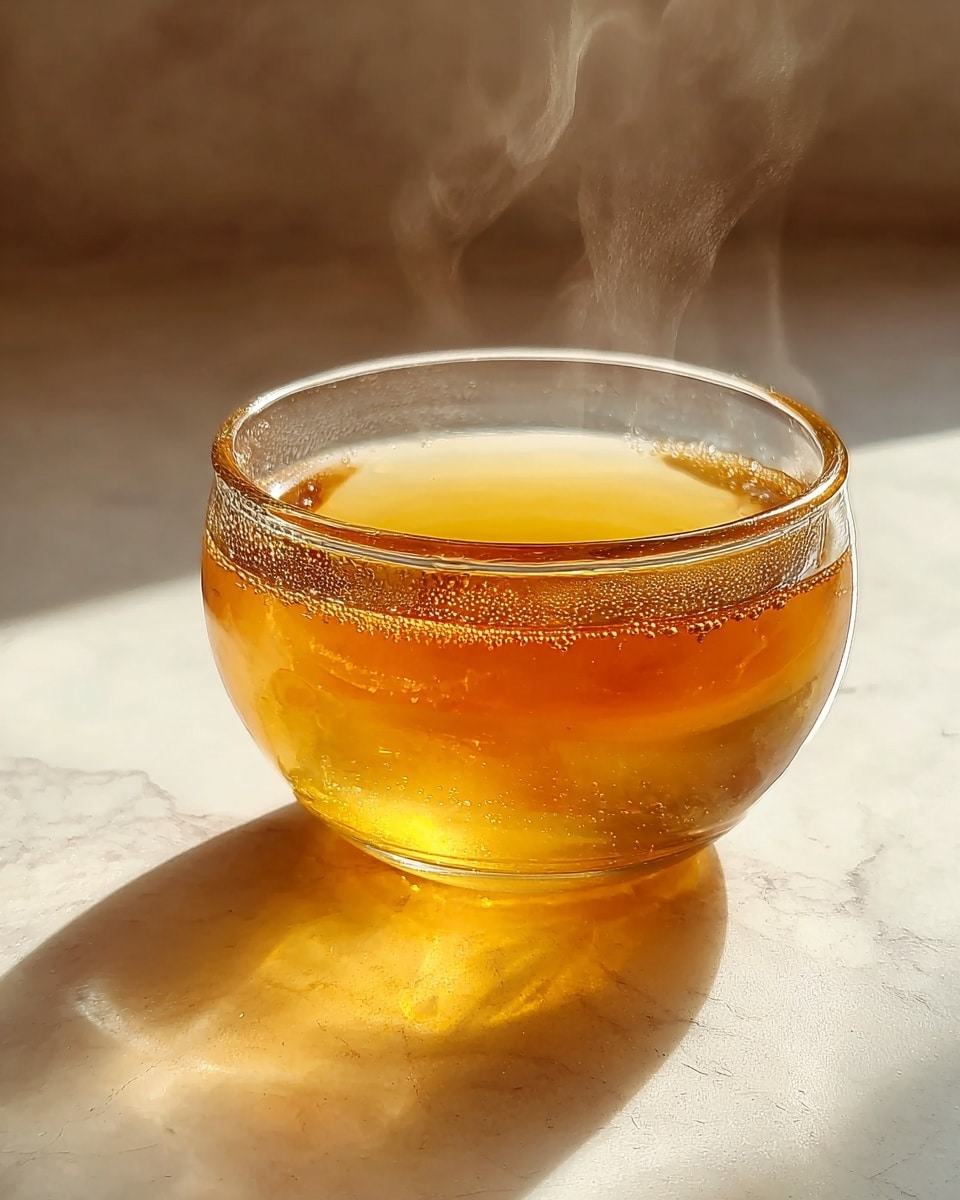 A clear glass cup filled with hot amber-colored tea. The tea has tiny bubbles along the inside edge near the top, and soft steam rises from the surface, creating a warm feeling. The cup sits on a white marbled surface with sunlight casting a clear yellow reflection below it. The glass is smooth and round, showing the rich color of the tea inside. photo taken with an iphone --ar 4:5 --v 7