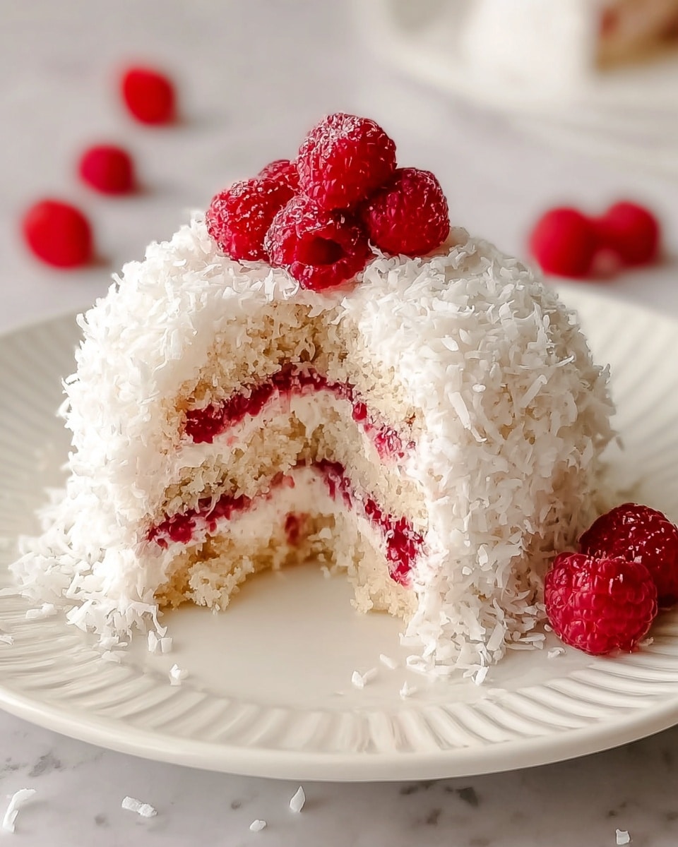 A small dome-shaped cake with three visible layers sits on a white plate with ridged edges, placed on a white marbled surface. The outer layer of the cake is covered in white shredded coconut flakes, giving it a rough texture. Inside, the bottom and top cake layers are light tan with a soft crumb texture, while the middle has two thick layers of white cream separated by bright red raspberry jam. The top of the cake is garnished with a small cluster of five fresh red raspberries, and more raspberries are scattered softly in the blurred background. Photo taken with an iphone --ar 4:5 --v 7