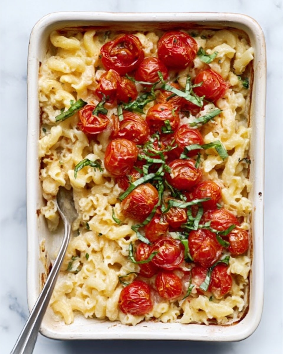A white rectangular dish filled with baked pasta showing three main layers: the bottom layer is light golden baked pasta with a curly texture, the middle layer has roasted bright red cherry tomatoes with slightly wrinkled skins, and the top layer is sprinkled with fresh, thin green basil leaves scattered unevenly. A fork sits inside the dish on the right side, resting on top of the pasta. The background is a white marbled surface. Photo taken with an iphone --ar 4:5 --v 7