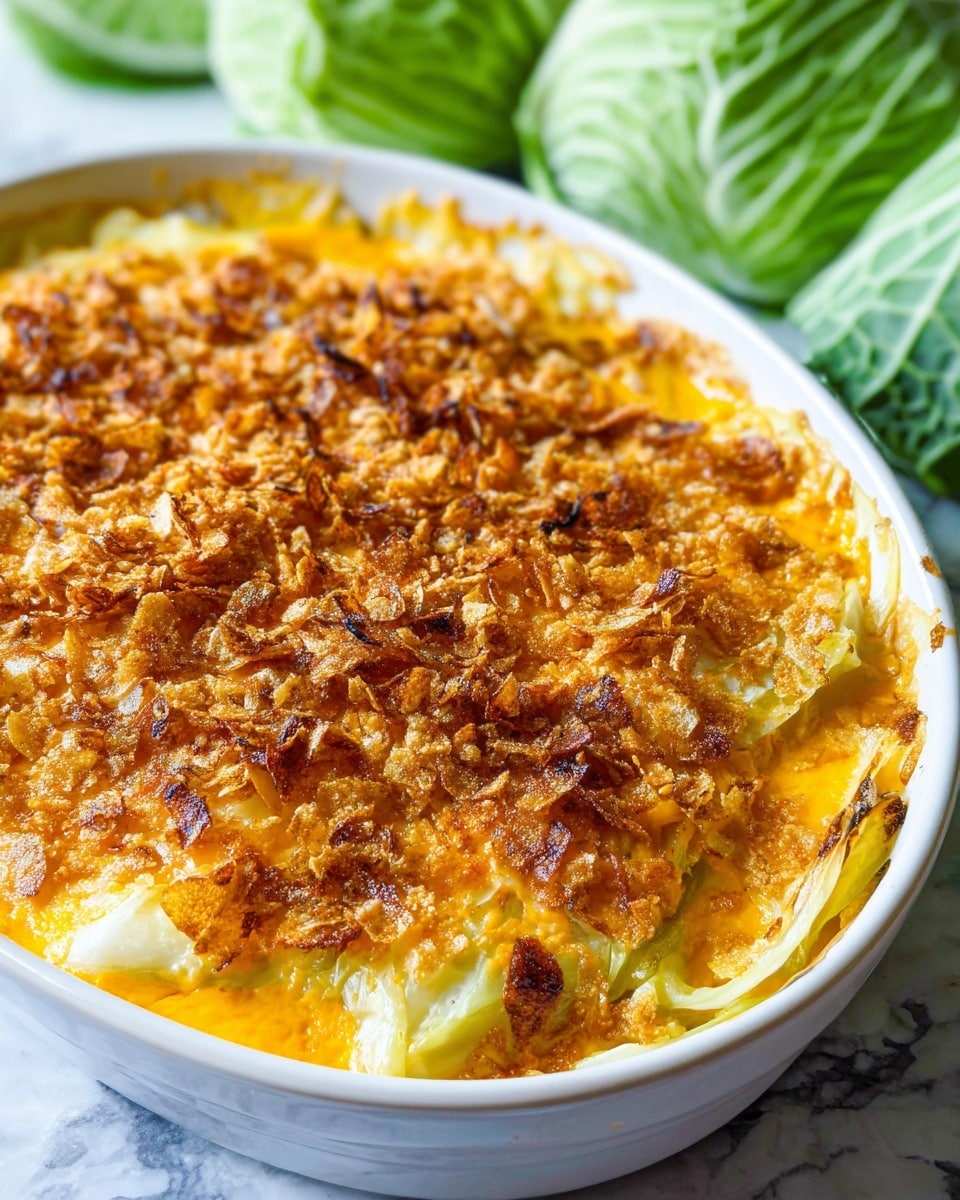 A close-up view of a white oval baking dish filled with a casserole showing multiple layers: the bottom layer is creamy white sauce mixed with soft green cabbage pieces, topped with a thick layer of melted bright orange cheddar cheese, finished with a crunchy golden brown crumb topping made of crushed crackers, some bits crisped more than others, with slight browning around edges. A spoon lifts a portion from the dish, revealing the creamy, soft inside with a mixture of white sauce, green cabbage, orange cheese, and crumb topping all together. The dish sits on a white marbled surface with fresh green lettuce leaves blurred in the background. photo taken with an iphone --ar 4:5 --v 7