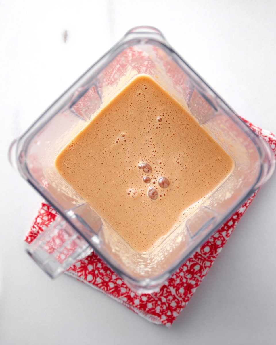 A clear glass pitcher filled halfway with a light brown, slightly frothy liquid sits on a white marbled surface, resting on a pink and white geometric patterned cloth. The pitcher has a wide spout and a clear curved handle on the right side. The liquid inside has a smooth texture with tiny bubbles visible near the top. The background is plain white, creating a clean and simple look. photo taken with an iphone --ar 4:5 --v 7