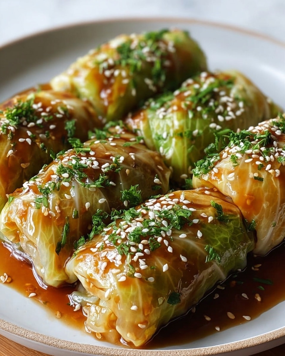 The image shows three large cabbage rolls placed side by side on a white plate, sitting on a white marbled surface. Each roll consists of tightly wrapped layers of pale green cabbage leaves with visible texture and veins, covering a filling that shows hints of orange, likely shredded carrots. The rolls are covered in a glossy brown sauce, pooling slightly around them on the plate. On top, there are sprinkled white sesame seeds and finely chopped fresh green herbs, adding color contrast. The cabbage rolls appear soft with some browned spots from cooking, giving them a slightly crispy look on the outside. photo taken with an iphone --ar 4:5 --v 7
