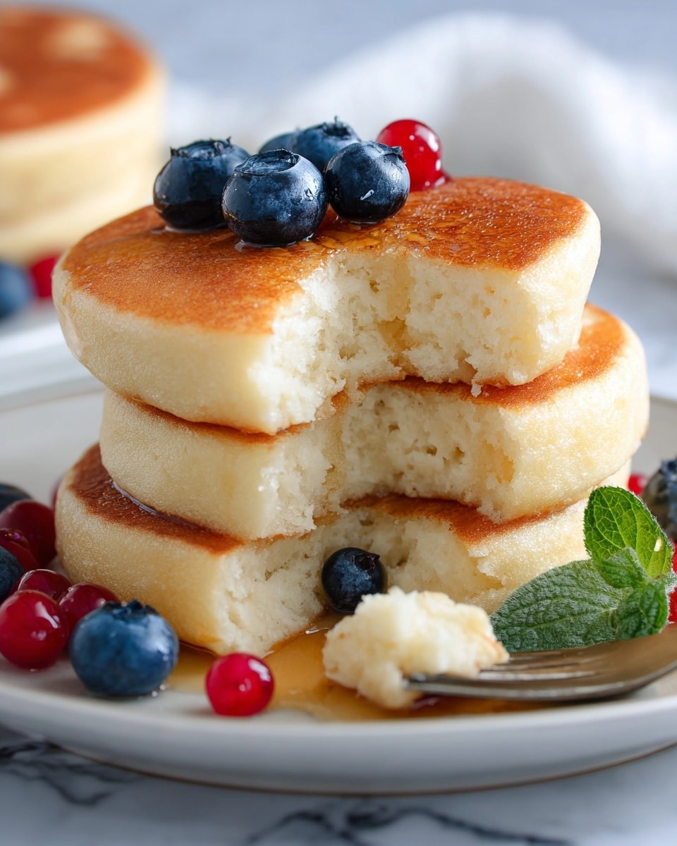 The image shows a stack of three thick, fluffy pancakes on a white plate with a white marbled texture background. The pancakes have a golden-brown top layer with a smooth, slightly crisp texture and a light, airy inside visible where a piece is broken off from the top pancake. Fresh blueberries and small red berries sit around the pancakes, adding a pop of deep blue and bright red colors along with a small green leaf for contrast. A little bit of syrup glistens on the surface of the top pancake and the broken piece. Photo taken with an iphone --ar 4:5 --v 7