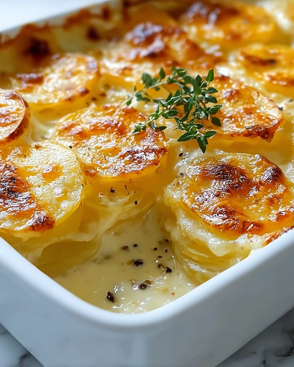The image shows a close-up of a creamy potato gratin in a white baking dish, with several thin layers of golden, slightly browned potato slices on top. The top layer is covered with melted cheese that is bubbly and browned in spots, giving a shiny and gooey texture. Underneath, the potato slices appear soft, tender, and creamy with a few darker specks of pepper sprinkled over the surface. A small sprig of fresh green thyme rests on top, adding a touch of color contrast. The background surface features a white marbled texture. Photo taken with an iphone --ar 4:5 --v 7