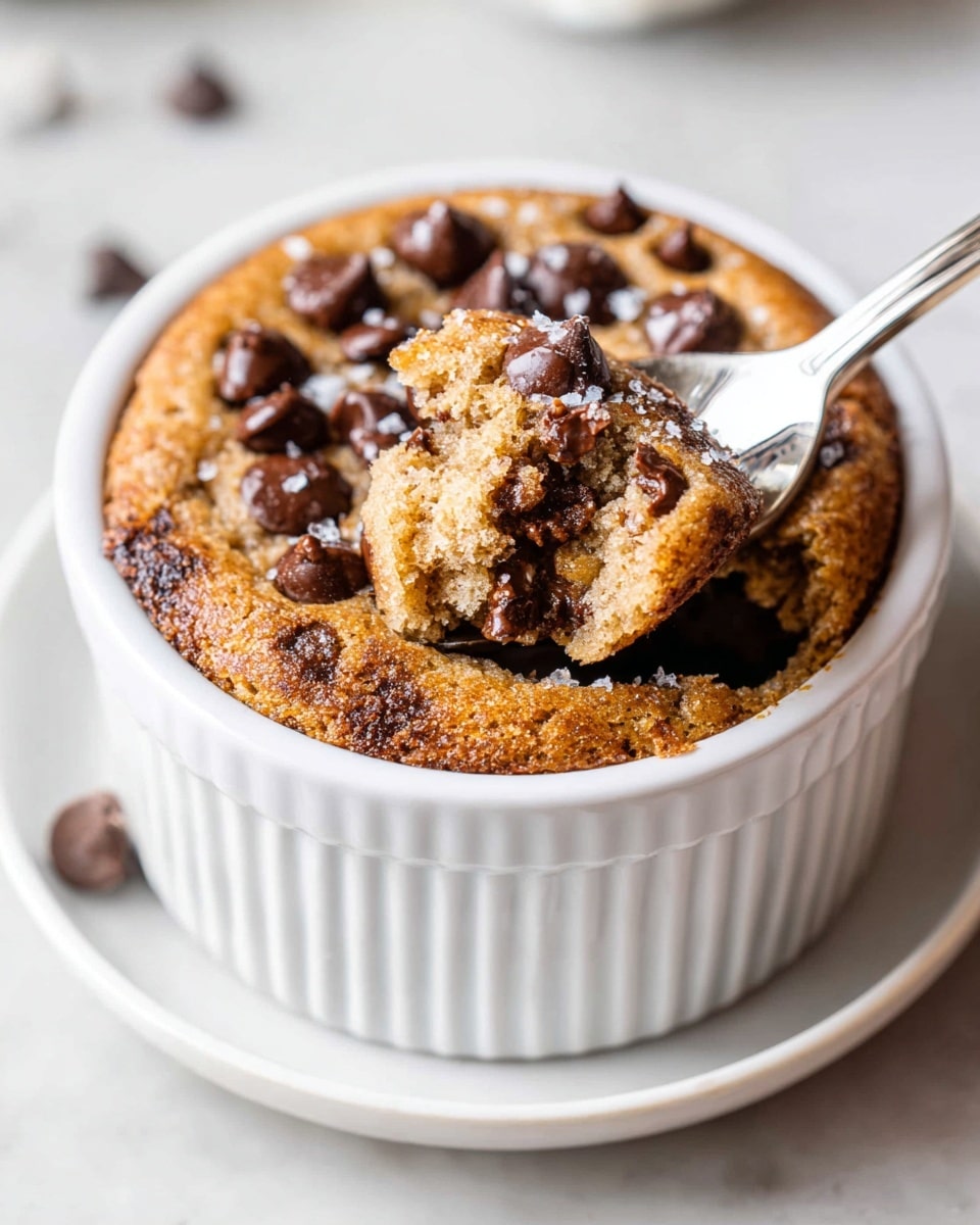 A single-layer warm chocolate chip mug cake sits inside a round white ceramic ramekin, with a soft and slightly cracked light brown baked surface dotted with melted dark chocolate chunks. A spoon scoops a piece out from the center, breaking the cake's spongy texture and revealing gooey, shiny chocolate inside. The ramekin rests on a white marbled surface with a linen cloth pattern visible near the edge, adding a cozy feeling. Photo taken with an iphone --ar 4:5 --v 7