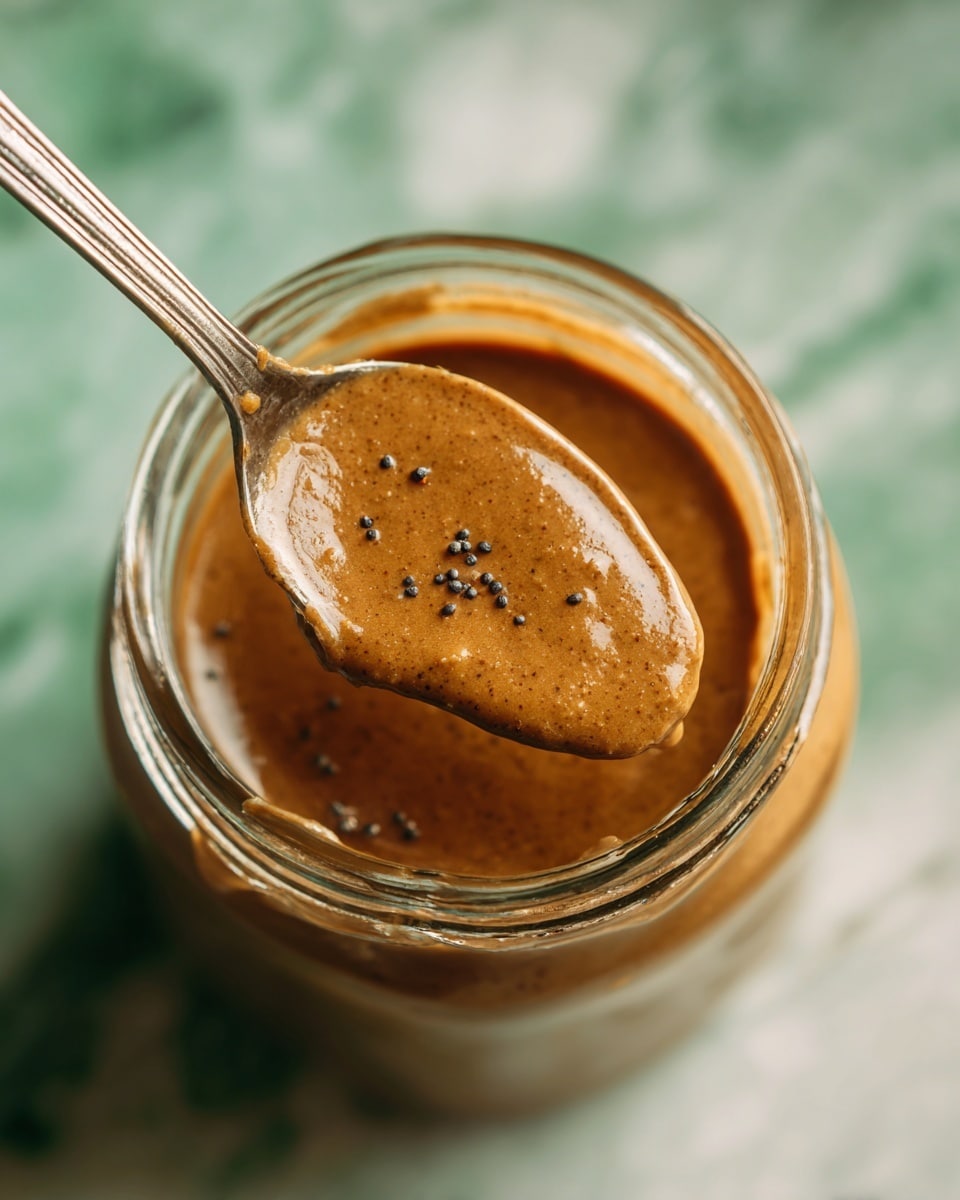 A clear glass jar filled with a smooth, thick, brown sauce or dressing, showing some small black specks mixed throughout the liquid. The jar has visible measurement markings on its side and is set against a blurred white marbled texture with some green leaves in the background. At the base of the jar, there are more black specks settled, and in front of the jar, there is a metal spoon resting on the surface with some of the sauce spilled beside it, highlighting its thick texture and glossy finish. photo taken with an iphone --ar 4:5 --v 7
