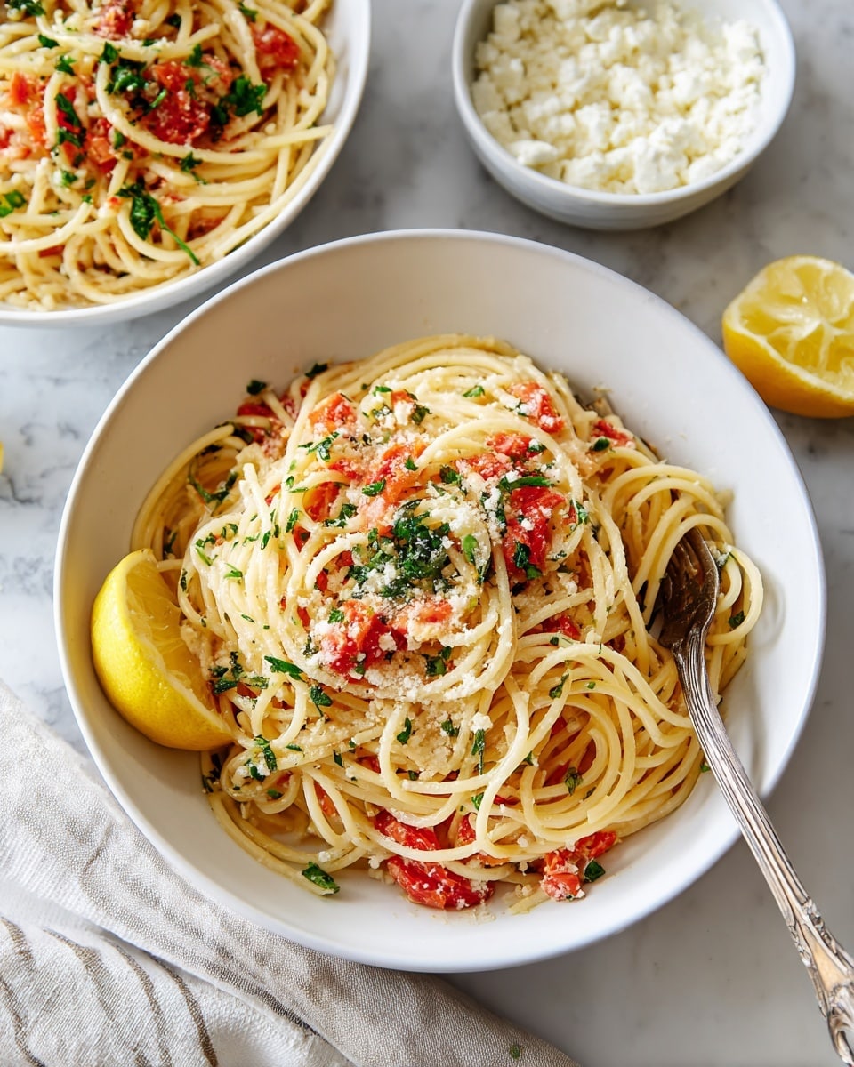 Two white bowls filled with spaghetti mixed with chopped red tomatoes, small white pieces of cheese, green herbs, and bits of grilled chicken. One bowl has a silver fork resting inside. Each bowl also has a lemon wedge on the side. Below the bowls, there is a small white bowl filled with crumbled cheese. All the items are placed on a white marbled surface with a white and beige striped cloth under one bowl. Photo taken with an iphone --ar 4:5 --v 7