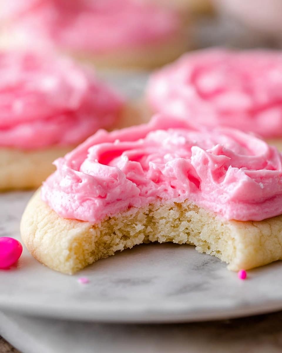 A close-up view of a soft cookie with one bite taken out revealing a light beige crumbly texture inside; on top is a thick layer of bright pink frosting, piped in swirled, fluffy dollops, giving a smooth but slightly textured look. The cookie rests on a white plate with a white marbled texture underneath, and a small pink candy sprinkle lies on the plate near the bitten edge. The background is blurred with other similarly frosted cookies visible but out of focus. Photo taken with an iphone --ar 4:5 --v 7