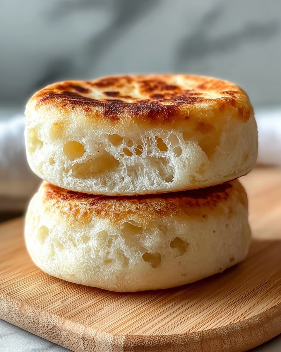 The image shows two thick English muffins stacked on top of each other on a white marbled surface. The muffins have a golden brown, slightly crispy top with visible air pockets and a soft, pale inside. The texture looks fluffy with some small holes typical of well-risen bread. The lighting highlights the muffins' warm color and soft texture. Photo taken with an iphone --ar 4:5 --v 7