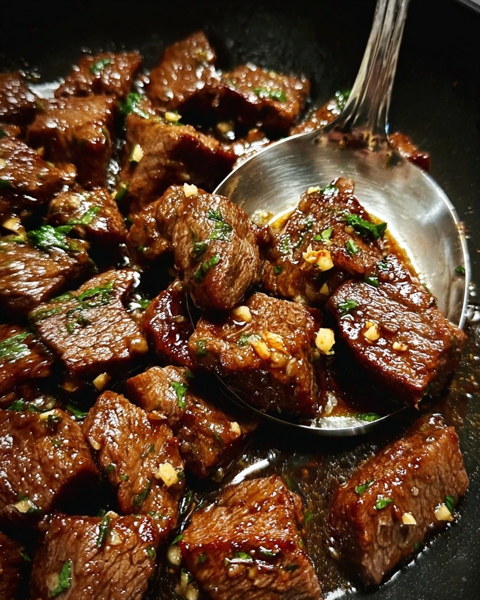 The image shows many small, glossy, brown beef pieces cooked with visible grill marks, coated in a shiny sauce with small bits of garlic and green herbs scattered on top; the beef pieces are arranged closely in a black pan, with some pieces being lifted by a shiny spoon on the right side. photo taken with an iphone --ar 4:5 --v 7