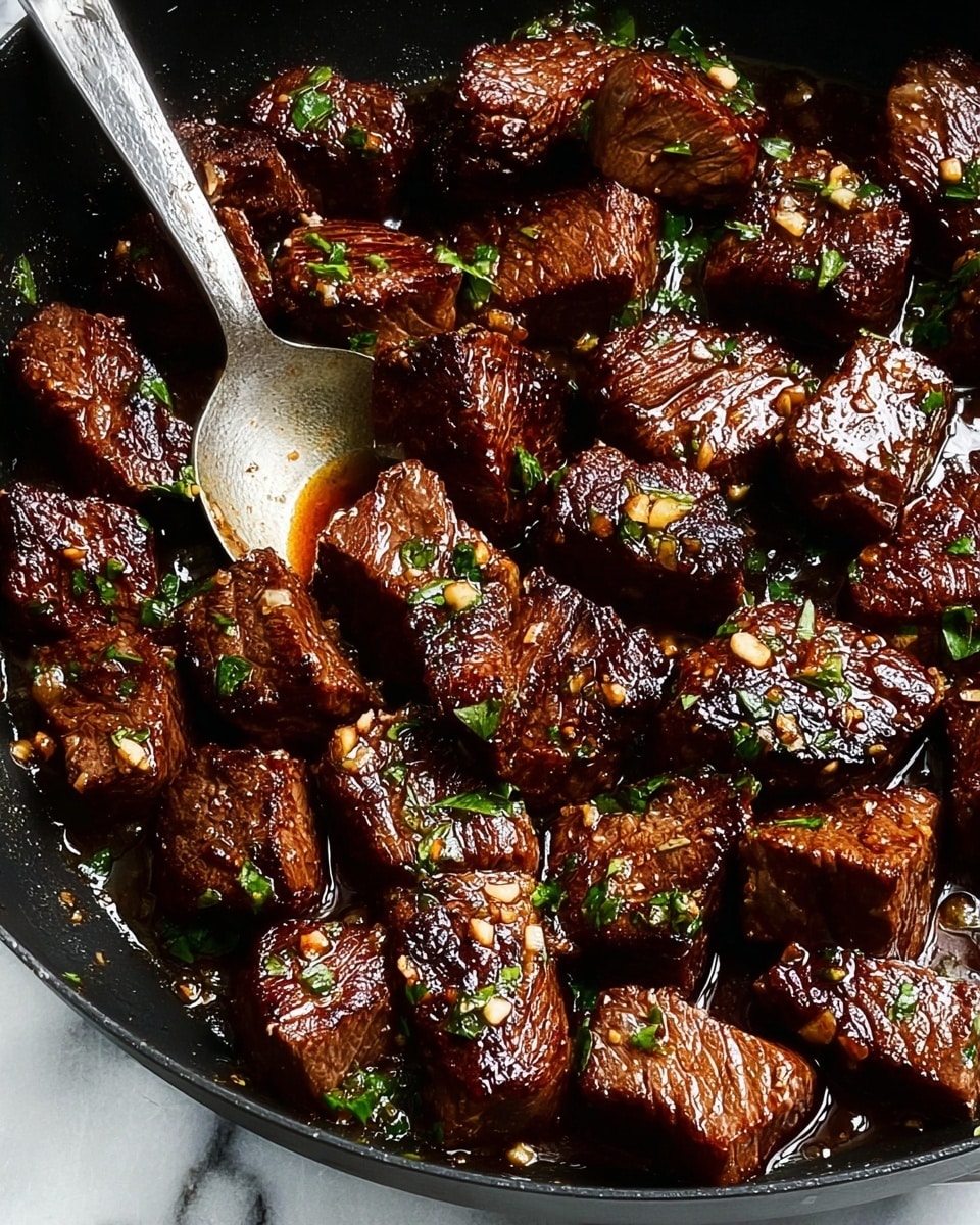 The image shows a close-up of many thick, cube-shaped beef pieces cooked to a rich dark brown with a glossy finish, spread evenly in a black pan. Each beef cube has a textured surface with grill marks and small bits of chopped garlic and bright green herbs scattered on top, adding a fresh contrast. The beef cubes sit in a shiny, oily sauce that pools slightly at the bottom of the pan, making the meat look juicy and flavorful. A silver spoon is partially visible on the left side, resting in the pan among the beef pieces. The background is a white marbled texture. photo taken with an iphone --ar 4:5 --v 7