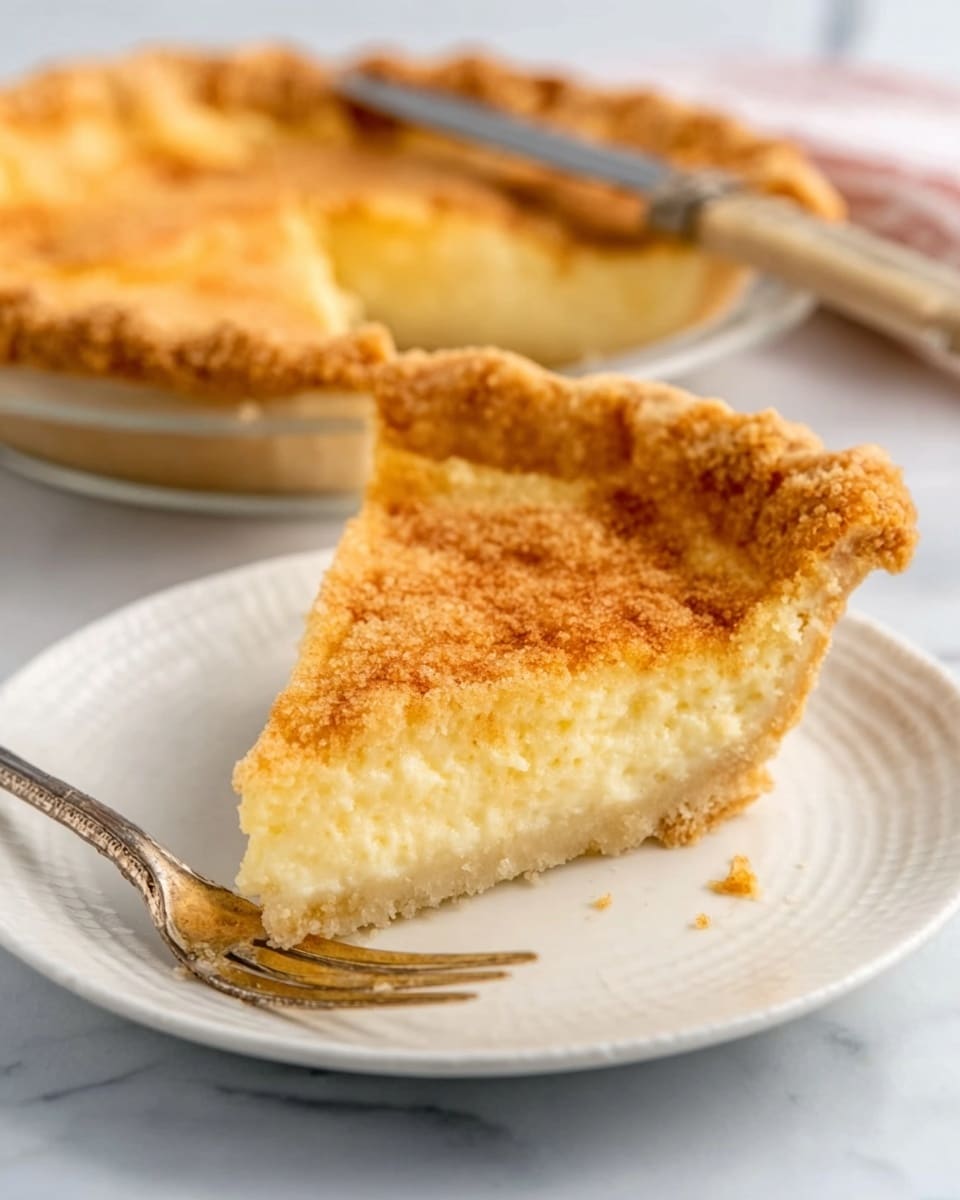 The image shows a single pumpkin pie with a thick, golden-brown crust that has a crimped edge all around. The pie filling is smooth and evenly spread in a bright orange color with a slightly darker golden top. A slice has been cut from the pie near the edge, showing the thick, creamy filling inside. The pie rests in a silver pie tin on a white marbled surface. Photo taken with an iphone --ar 4:5 --v 7