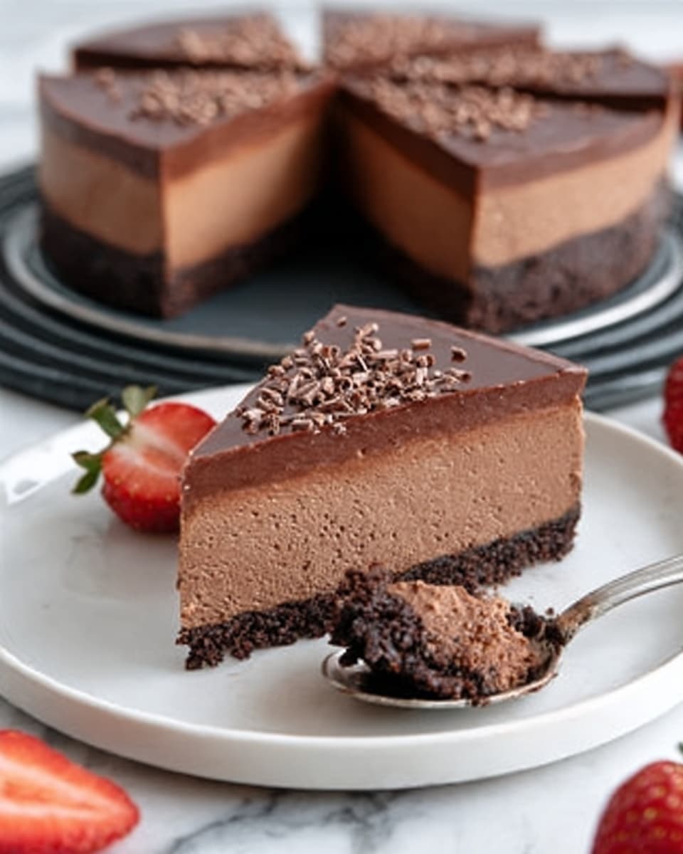 The image shows a close-up of a rich chocolate cheesecake sliced into four triangular pieces on a white plate with a ridged edge, placed on a white marbled surface. Each slice has three clear layers: a dark brown, slightly crumbly crust at the bottom; a thick, smooth, medium-dark chocolate middle layer; and a shiny, darker chocolate ganache layer on top. There are small chocolate shavings scattered on the ganache layer. In the background, two more slices are placed on separate white plates. The scene includes a few red strawberries off to the side. Photo taken with an iphone --ar 4:5 --v 7