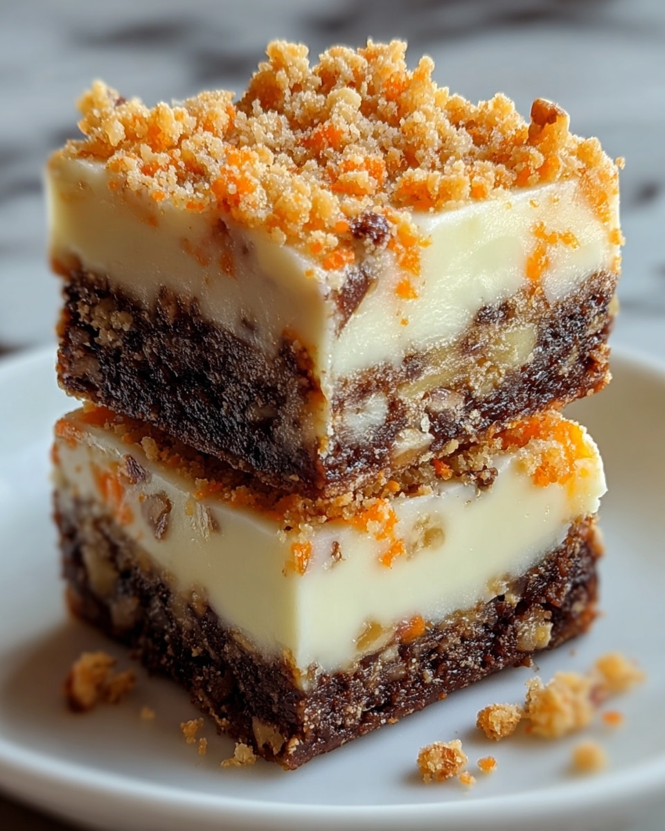 A close-up image of two stacked square pieces of a layered baked dish on a white plate, showing three main layers: the bottom layer is dark brown and crumbly with visible small orange vegetable pieces; the middle layer is creamy white and smooth, sitting thickly between the other layers; the top layer is golden brown and crumbly with a slightly crunchy texture, dotted with bits of green herbs and orange vegetables. Crumbs and small pieces are scattered around the plate on a white marbled surface. The photo taken with an iphone --ar 4:5 --v 7