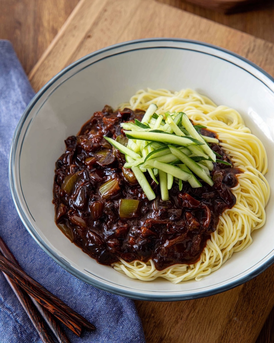 The image shows a white bowl with two main layers side by side. On the left side, there is a nest of smooth, thick white noodles with a soft texture. On the right side, there is a dark thick sauce with a glossy look that contains small chunks of cooked ingredients, giving it a rich and hearty feel. On top of the sauce, there are thin strips of fresh green cucumber that add a pop of color and freshness to the dish. The bowl is placed on a white marbled surface. Photo taken with an iphone --ar 4:5 --v 7