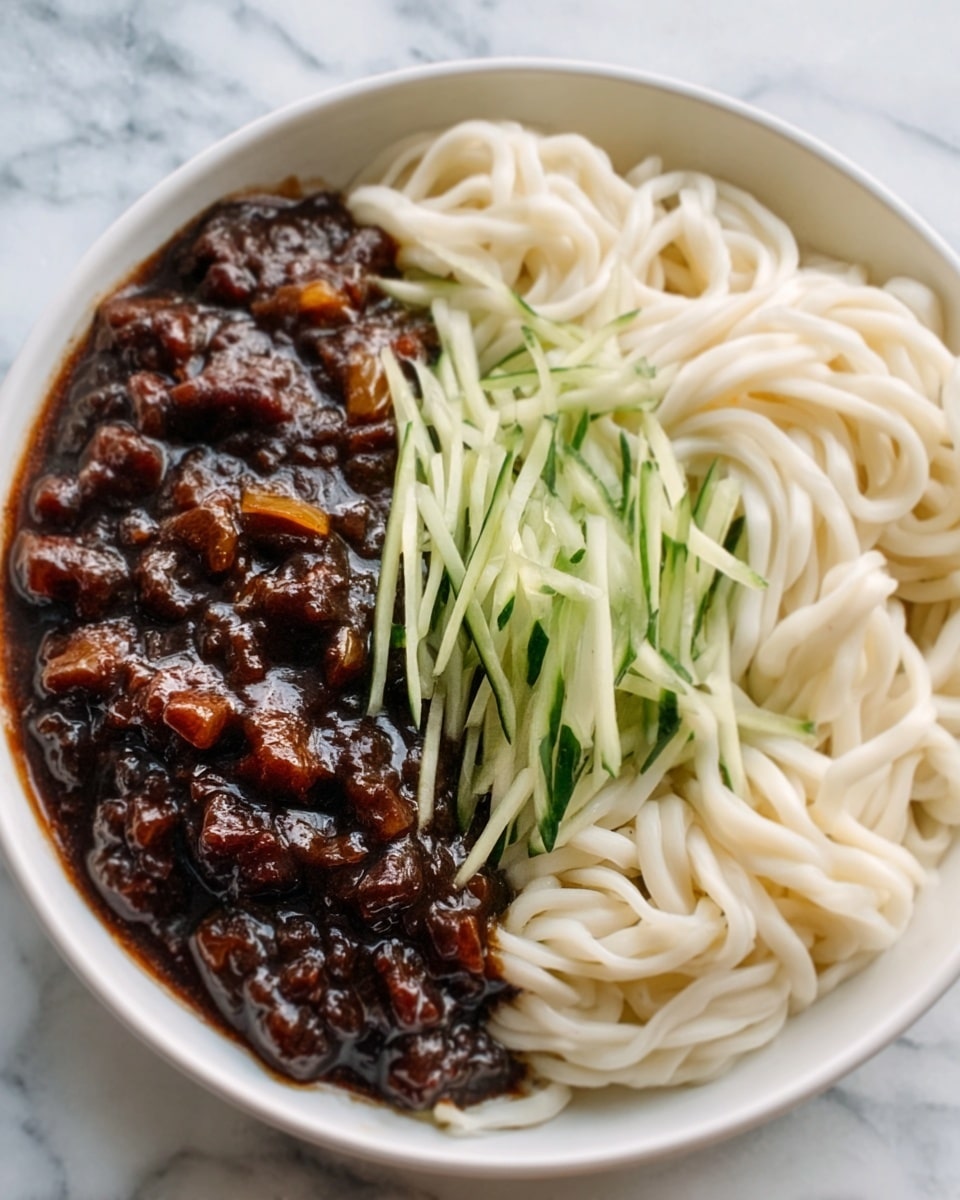 A white bowl with a thin blue rim holds three main layers of food. The bottom layer is light yellow cooked noodles, placed mostly to one side of the bowl. On top of part of the noodles is a thick dark brown sauce with visible chunks of cooked vegetables like onions and green bell peppers, having a glossy, rich texture. On top of the sauce sits a small pile of thin, bright green cucumber strips arranged neatly in the middle. The bowl is placed on a wooden surface with a pair of dark wooden chopsticks resting on a blue cloth napkin nearby. photo taken with an iphone --ar 4:5 --v 7