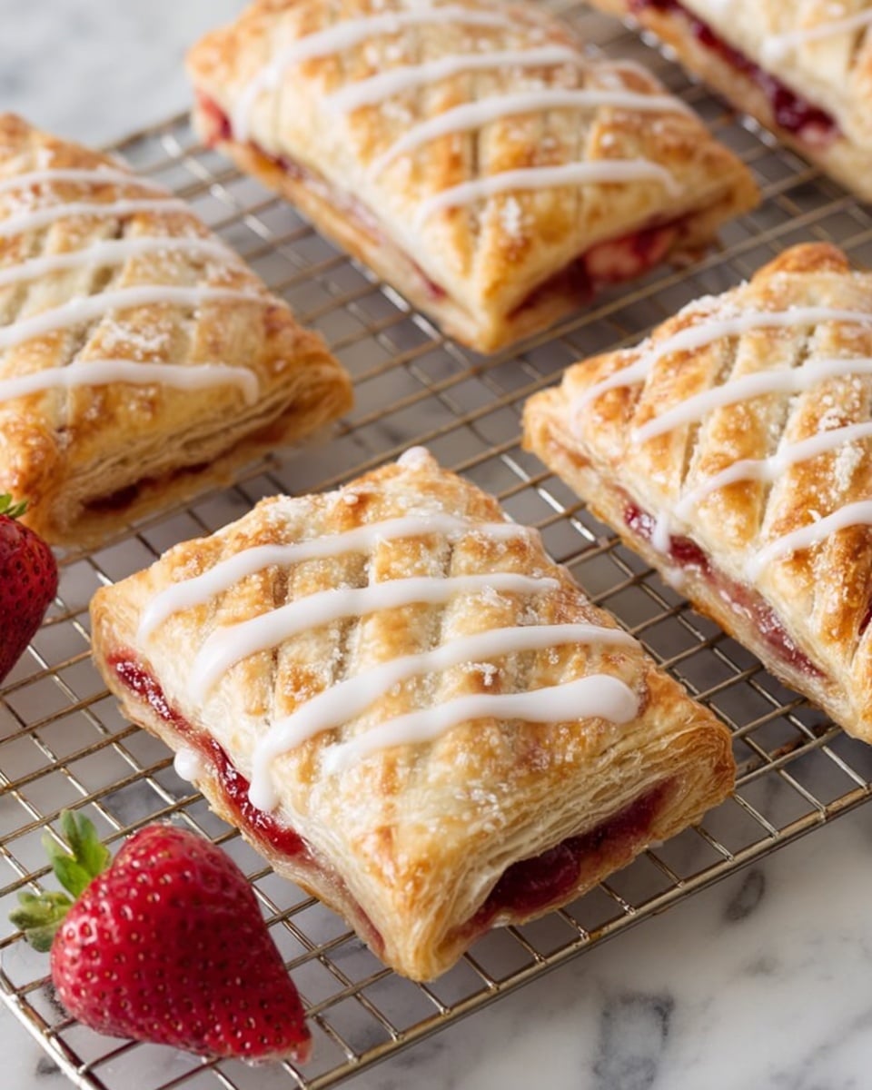 The image shows a close-up of unbaked pastry squares on a white marbled surface. Each square is pale cream in color with a soft, slightly flaky texture. One square at the center has a bright red, glossy cherry filling with visible pieces of fruit spread on top. Another photo shows the pastries after folding, with two layers of dough forming a rectangular pocket. A silver fork presses along the edge of one pastry, creating a crimped seal, and a hint of red filling peeks from the side. The pastries rest on white parchment paper-lined baking trays with slightly worn, golden beige edges. photo taken with an iphone --ar 4:5 --v 7